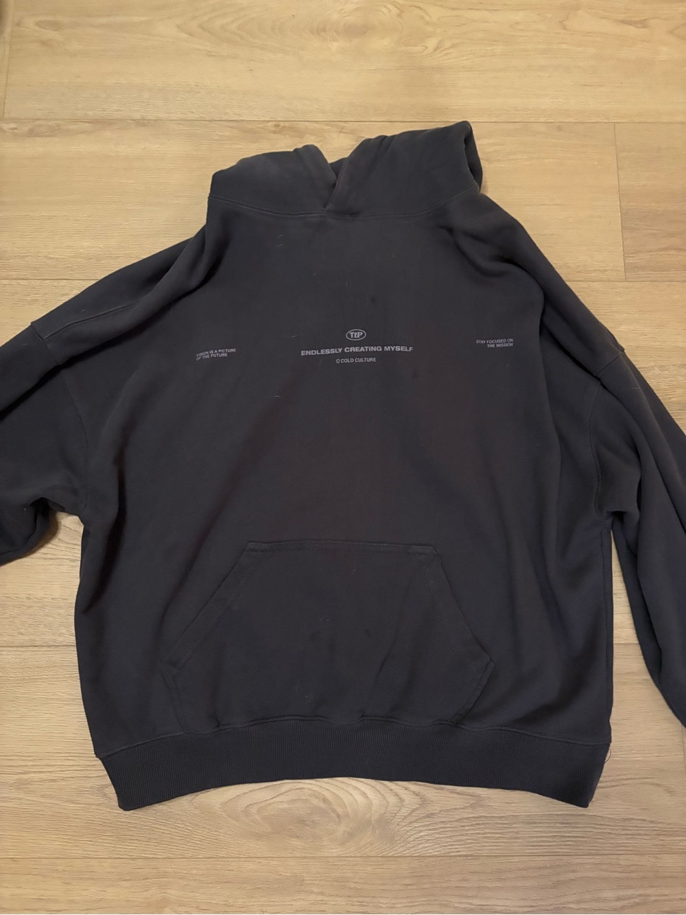 Dark blue cold culture hoodie with purple printing